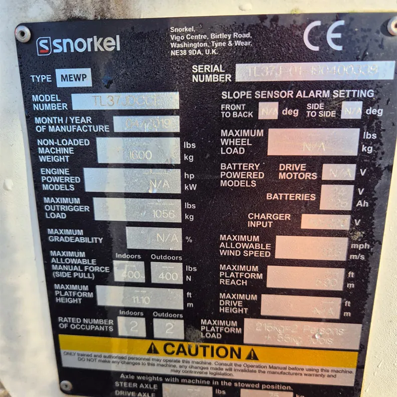 12m Boom Lift Snorkel TL37 2019